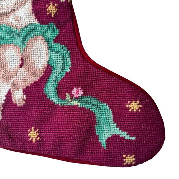 VTG 1991 100% Wool Needlepoint Embroidered Angel Cherub Stocking Christmas Décor - Picture 2 of 10